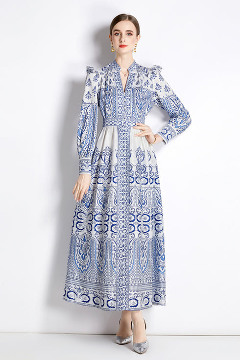 Renaissance Paisley Printed Court Style Elegant V-Neck, High Waist, Lantern Sleeve Formal Party Dress